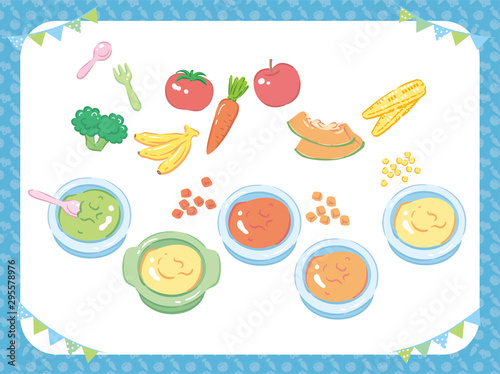 Baby food. Puree, fruits and vegetables. Vector illustration.