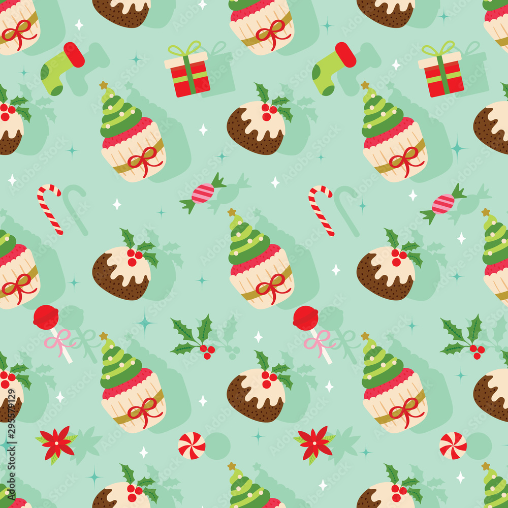 Christmas seamless pattern with pudding, cupcake, taffy, candy cane, socks, gift, etc… on shadow background. Cute holiday vector illustration. 