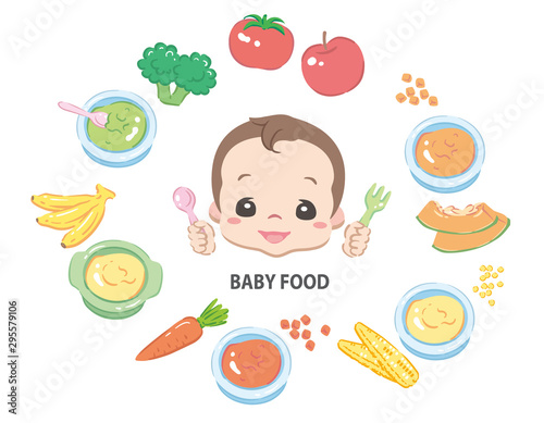 Foods for baby. Vector illustration.