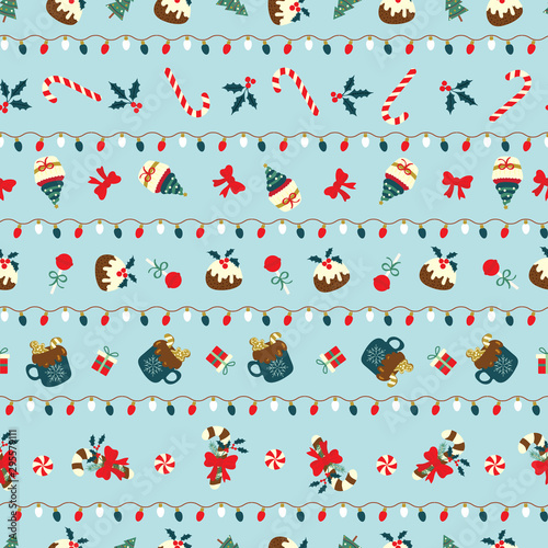 Christmas seamless pattern with sweet desserts arranged in stripes line with christmas lights. Cute holiday vector illustration.