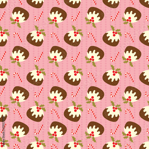 Christmas seamless pattern with pudding and candy cane on pink polka dots background. Cute holiday vector illustration.