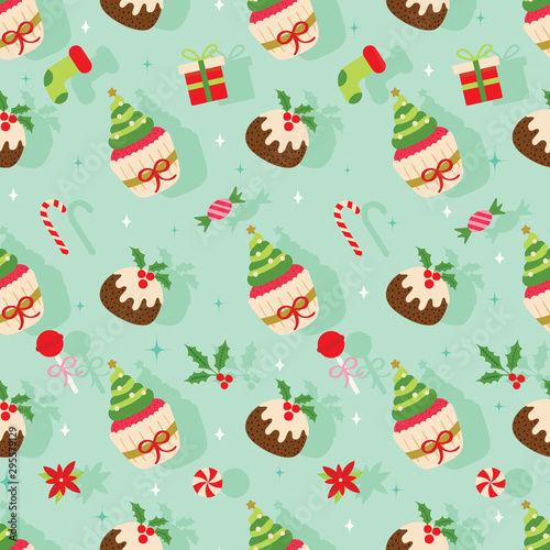 Christmas seamless pattern with pudding  cupcake  taffy  candy cane  socks  gift  etc    on shadow background. Cute holiday vector illustration. 