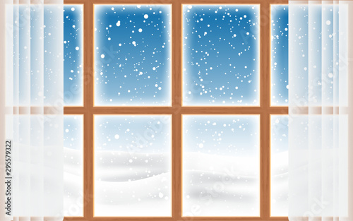  landscape of snowing at the wooden window