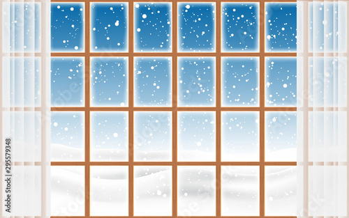 landscape of snowing at the wooden window