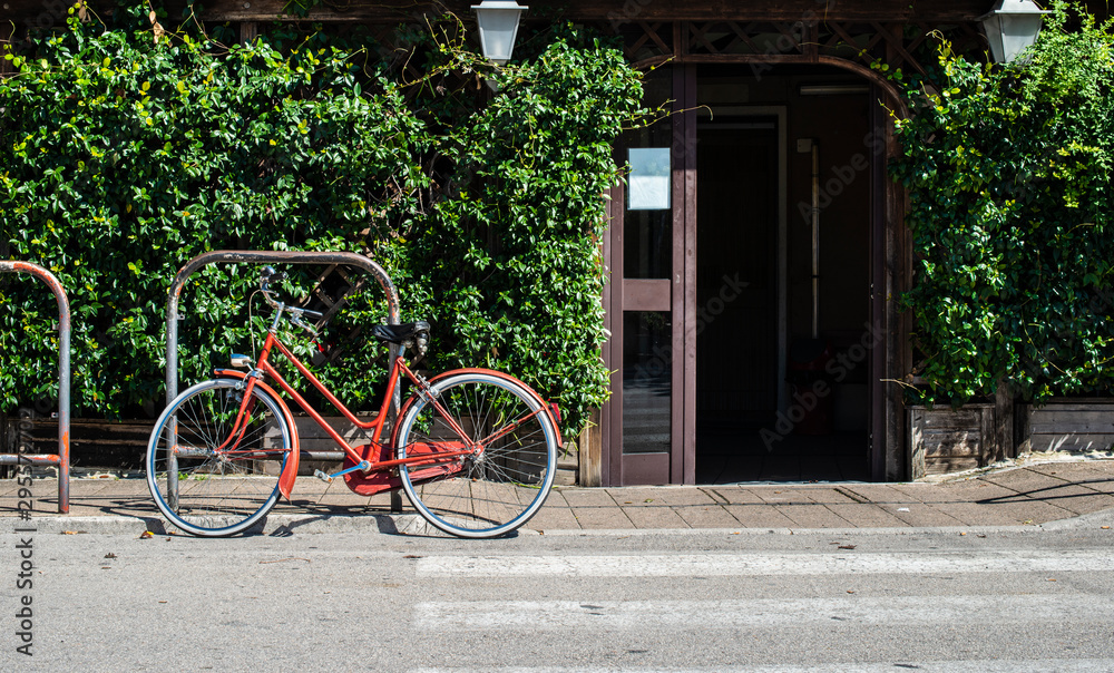 Red bike in front of Italian restaurant. Green foliage and door. I