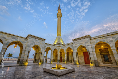 Architectural view of Rashid Al Zayani Mosque, located on a plot area of 4,800 with a total built-up area of nearly 3,000 sq.m in Galali, Manama, Bahrain