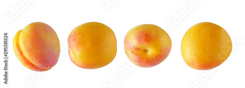 Macro isolated apricots on white background in different positions. Retouched apricots on white background.