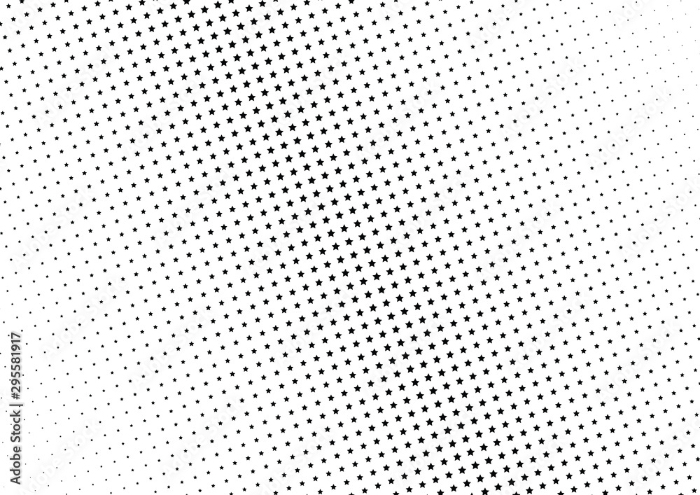 Abstract halftone dotted background. Monochrome futuristic grunge pattern, stars.  Vector modern optical pop art texture for posters, site, postcard, cover, labels, vintage sticker, mock-up layout.