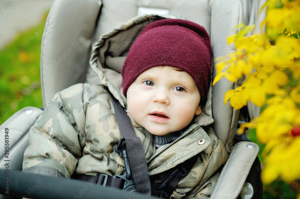 Baby boy in warm in modern stroller Baby boy in warm in modern stroller