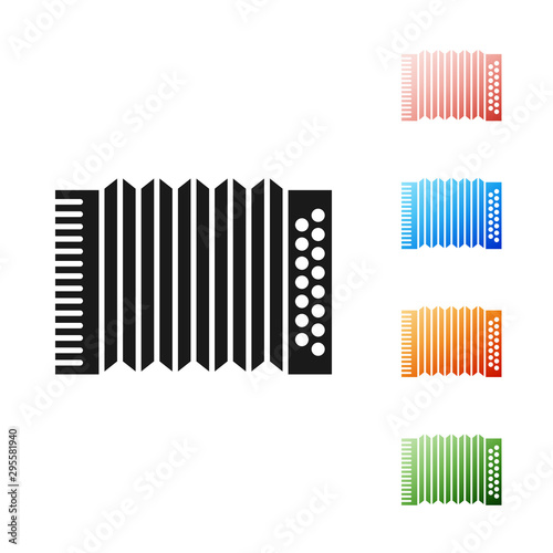 Black Musical instrument accordion icon isolated on white background. Classical bayan, harmonic. Set icons colorful. Vector Illustration