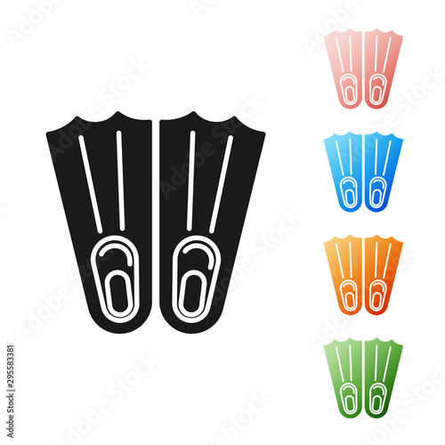 Black Rubber flippers for swimming icon isolated on white background. Diving equipment. Extreme sport. Sport equipment. Set icons colorful. Vector Illustration