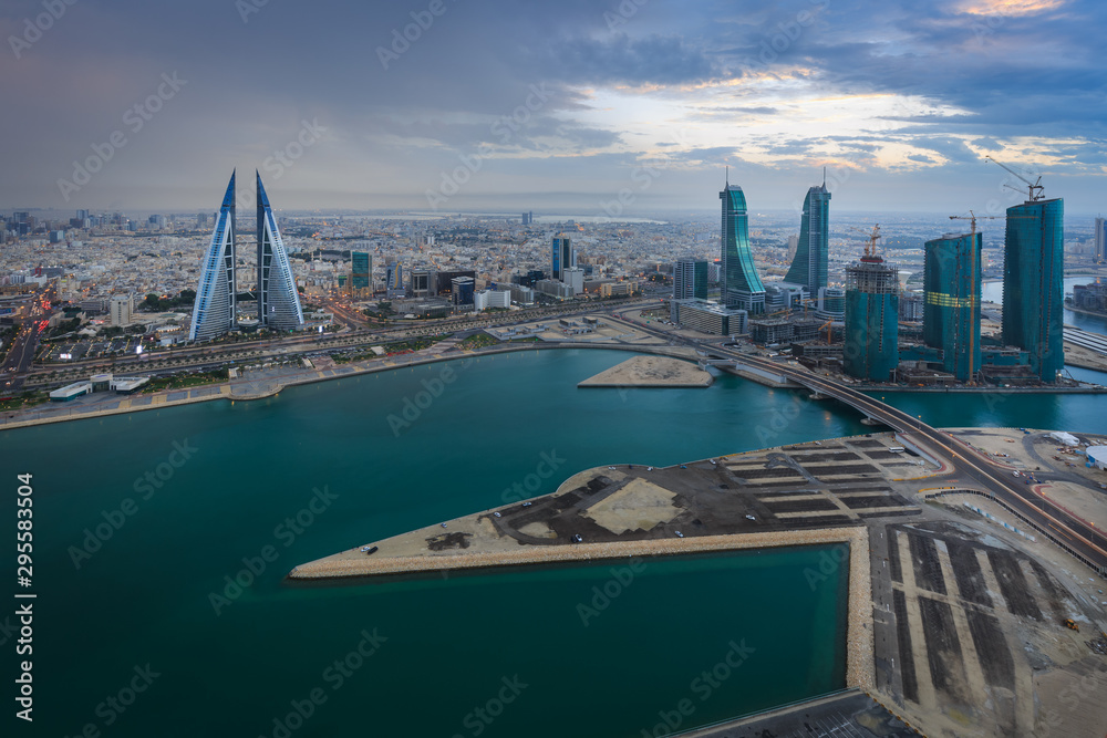 Aerial view of bahrain skyline and newly constructed areas with beautiful clouds in Manama, Bahrain	
