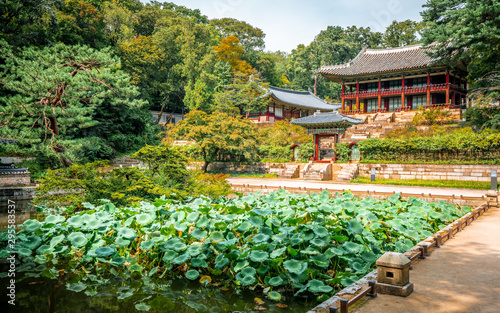 Huwon secret garden view at Changdeokgung Palace with view of Buyongji pond and Juhamnu Pavilion in Seoul Korea photo