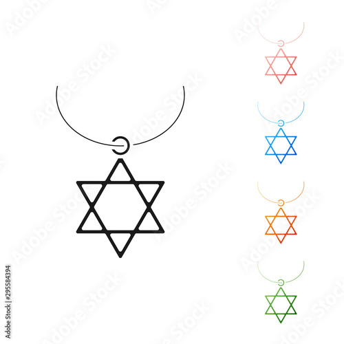 Black Star of David necklace on chain icon isolated on white background. Jewish religion symbol. Symbol of Israel. Jewellery and accessory. Set icons colorful. Vector Illustration