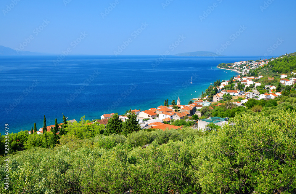 View of village Brist located on the coast of Adriatic sea, Makarska riviera in southern Dalmatia, Croatia, Europe.