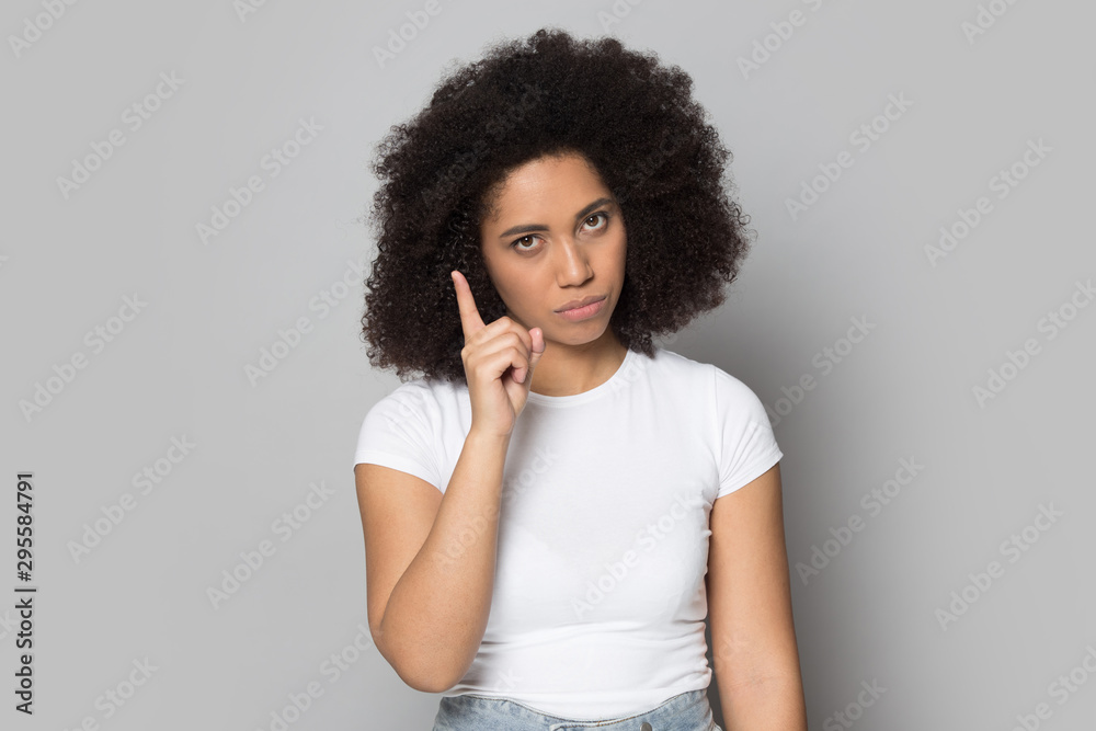Strict biracial girl warn with finger threatening Strict biracial girl warn with finger threatening