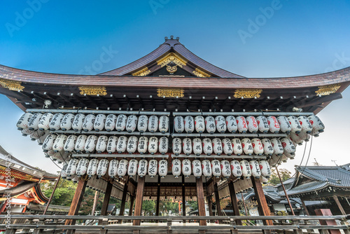 Maidono (Dance Hall)  of Yasaka Shinto Shrine. Hanging Lanterns (Chouchin or Chochin). Kyoto, Japan