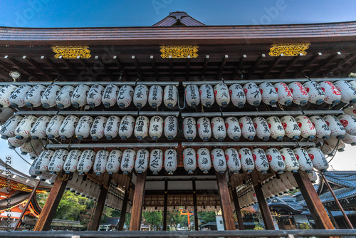 Maidono (Dance Hall)  of Yasaka Shinto Shrine. Hanging Lanterns (Chouchin or Chochin). Kyoto, Japan