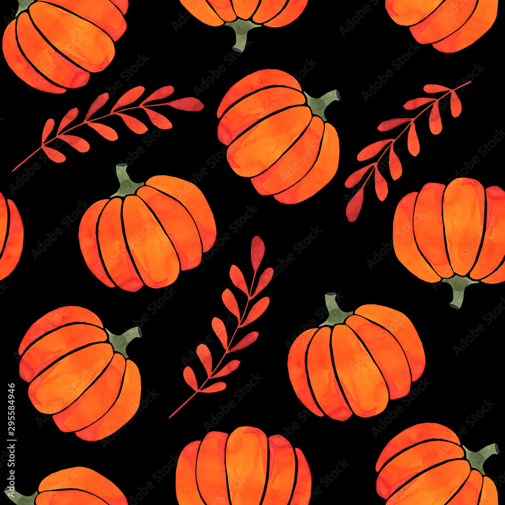 Watercolor pattern with orange pumpkins, seamless pattern. Happy Halloween holiday elements. Autumn pattern, wrapping paper. Pumpkins on black background. 