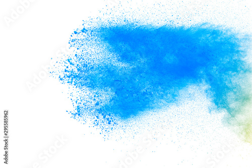 Bizarre forms of blue powder explode cloud on white background. Launched blue dust particles splashing.