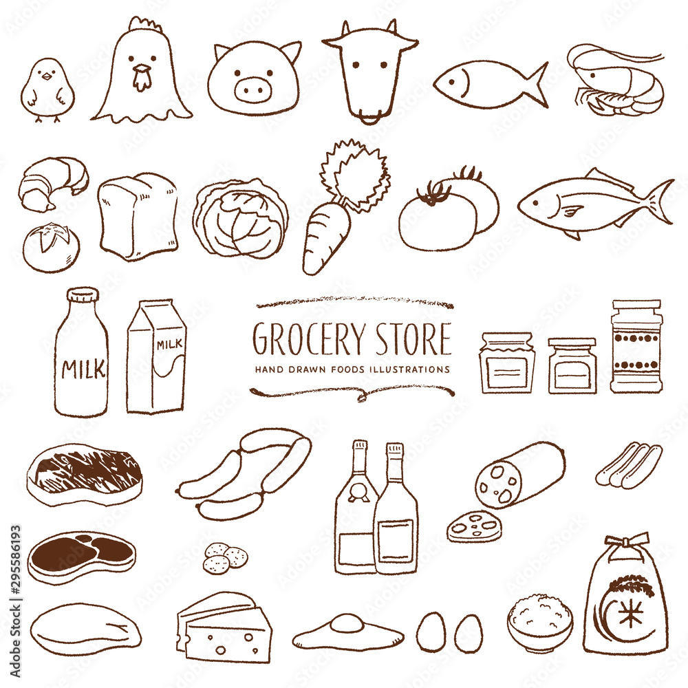 スーパーマーケットの食料品 手描き イラスト 線画 Stock Vector Adobe Stock