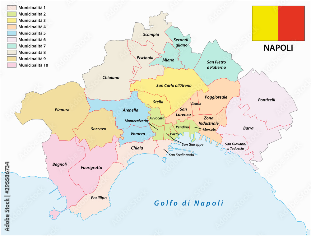 Administrative map of the Campanian capital Naples with flag Italy