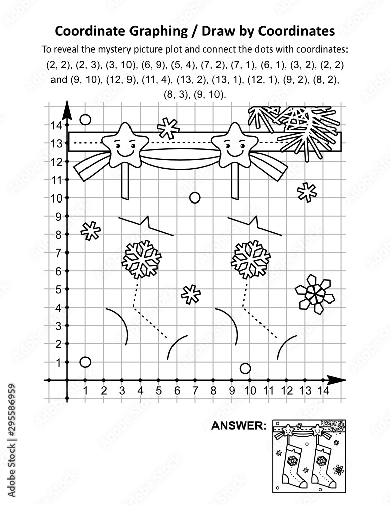 Coordinate graphing, or draw by coordinates, math worksheet with christmas stockings: To reveal the mystery picture plot and connect the dots with given coordinates. Answer included.
