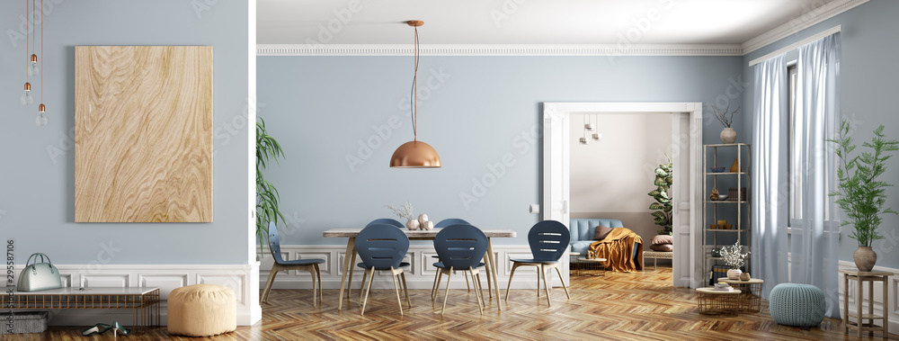 Plakat Nowoczesne wnętrze mieszkania, jadalnia ze stołem i krzesłami, salon z sofą, sala, panorama renderingu 3d
