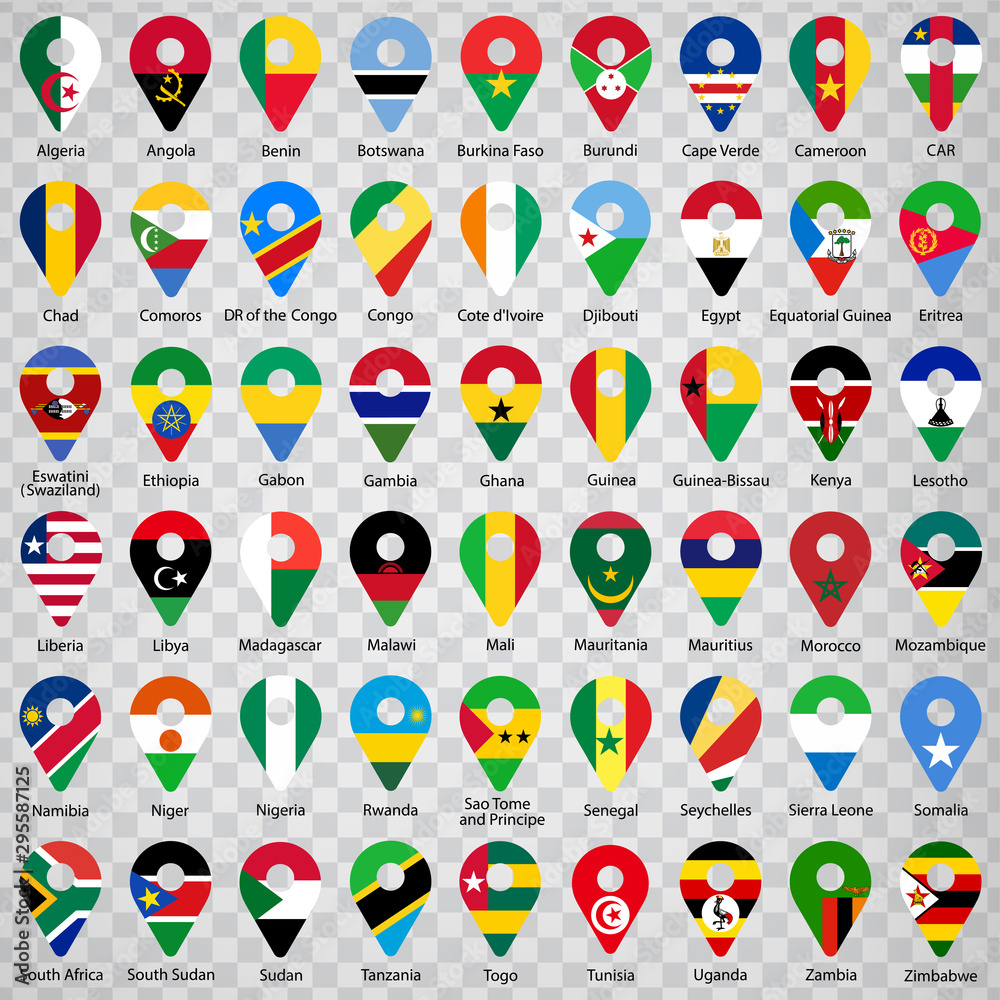 Fifty four Flags of African countries alphabetical order with name