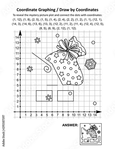 Coordinate graphing, or draw by coordinates, math worksheet with Santa's sack on the sleigh: To reveal the mystery picture plot and connect the dots with given coordinates. Answer included.