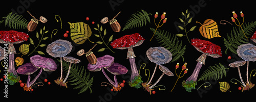 Embroidery mushrooms horizontal seamless pattern. Dark autumn forest. Fairy tale art. Fashion nature template for clothes, textiles, t-shirt design