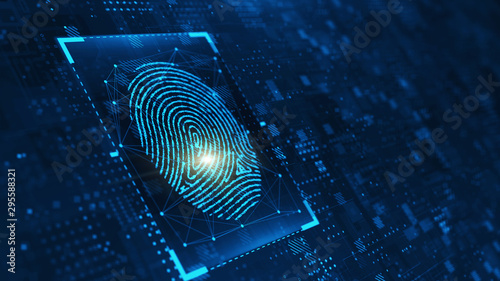 Digital biometric, security and identify by fingerprint concept. Scanning system of the fingerprint. 3d rendering photo