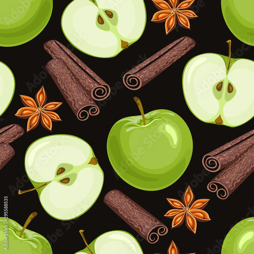 Apple, anise stars, cinnamon sticks seamless pattern on dark background. Vector illustration of fresh fruits and spices in cartoon flat simple style.