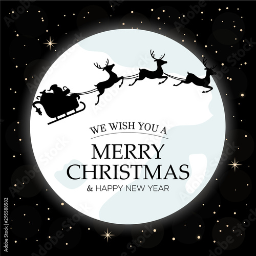 Merry Christmas card. Winter night sky with moon and santa claus riding in a sleigh silhouette over it. Vector.
