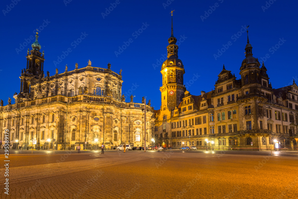 Square at the Cathedral of Holy Trinity and Dresden Castle in Saxony at night, Germany