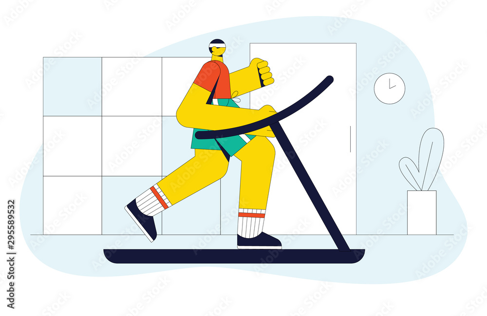 Modern vector illustration of a man running on a treadmill. The guy in a gym doing cardio workout. Flat style concept design for website, flyer, banner. Young man jogging indoor
