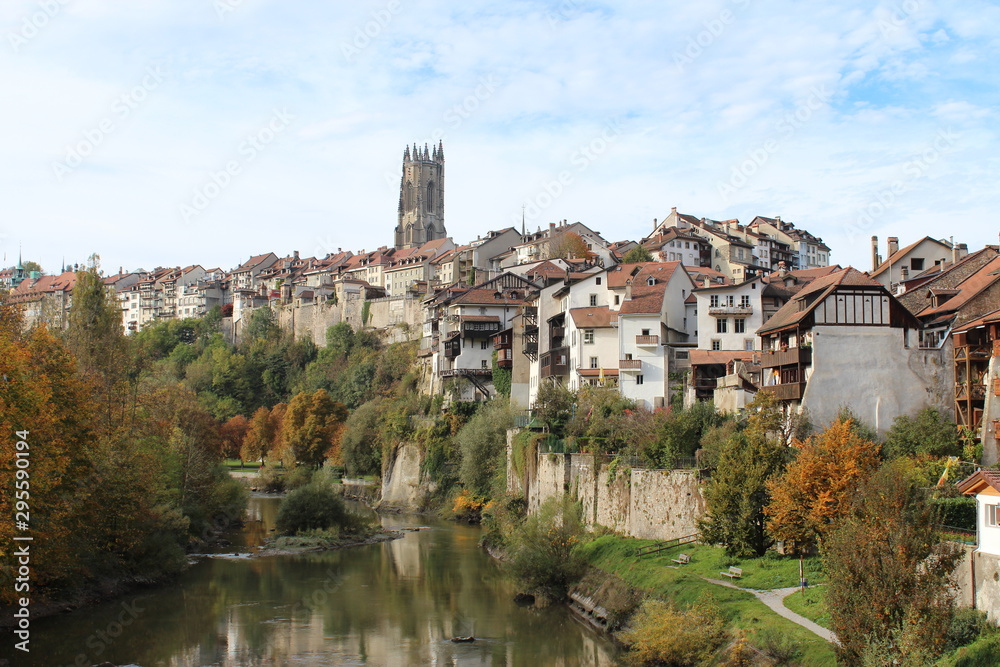 panoramic view of old town of fribourg Switzerland