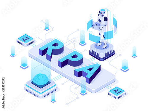 Isometric RPA. Robotic process automation, futuristic artificial intelligence robots and AI learning. Future factory machining work logistic, robotic welding process vector illustration