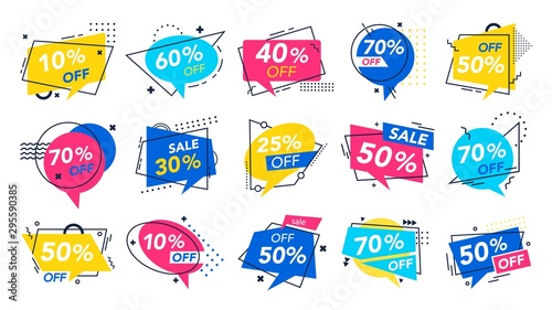 Modern special offer badge. Discount badges, store saving brochure and percentage off deal voucher label. Shopping coupon sticker, retail tags or advertising banner. Isolated vector symbols set