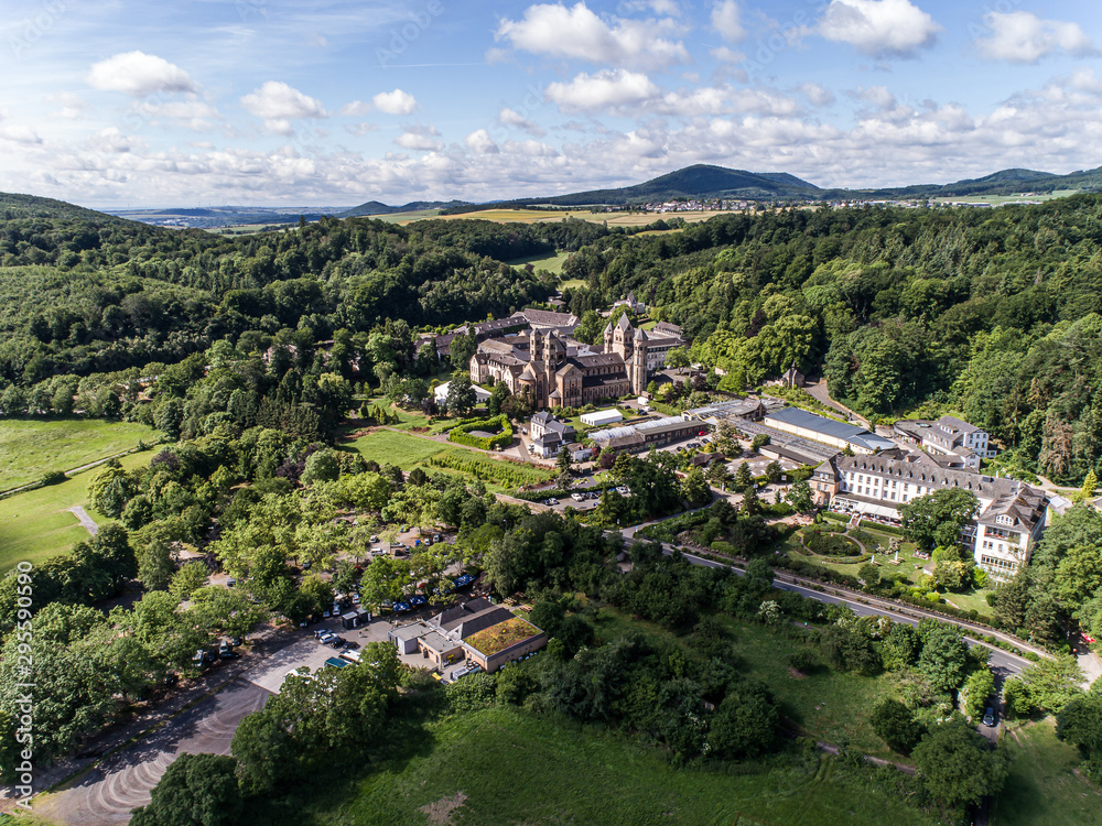 Aerial view the famous abbey Maria Laach in Rhineland-Palatinate, Germany