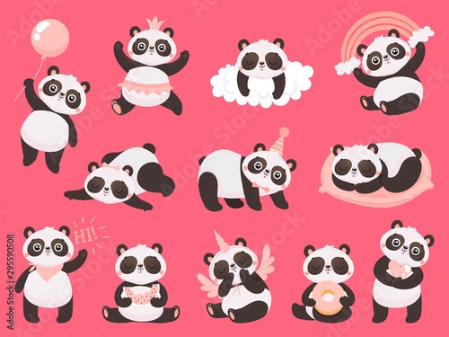 Fototapeta Naklejka Na Ścianę i Meble -  Cartoon cute panda. Little baby pandas, adorable sleeping animals and pink princess panda bear. Chibi mascot character, bamboo pandas expression. Isolated vector illustration icons set