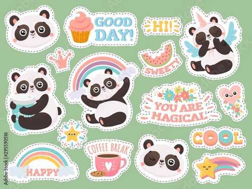 Cute panda stickers. Happy pandas patches, cool animals and winked panda sticker. Bear emotion doodle characters, kawaii comic emoji logo. Isolated vector illustration icons set