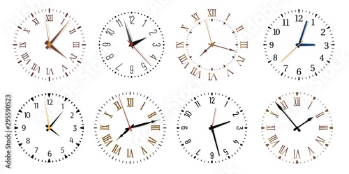 Modern clock faces. Minimalist watch, round clocks and watch face. Ticking clock timer measurement symbols, work time deadline metaphor. Isolated vector icons set photo
