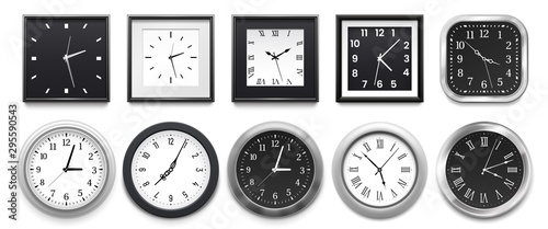 Realistic clock. Modern white round wall clocks, black watch face and time watch mockup. Deadline timer clock, classic watches. Isolated 3d vector illustration signs set