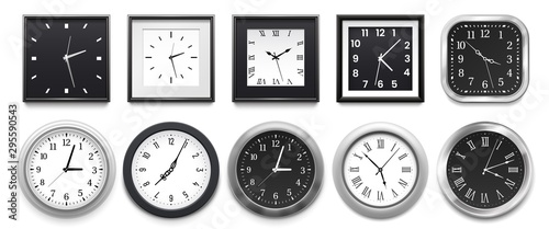 Realistic clock. Modern white round wall clocks, black watch face and time watch mockup. Deadline timer clock, classic watches. Isolated 3d vector illustration signs set photo