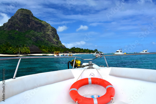 Le Morne mountain in Mauritius photo from a boat on the Ocean