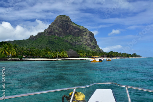 Le Morne mountain in Mauritius photo from a boat on the Ocean