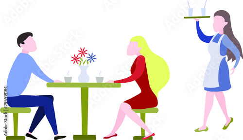 Cafe shop and people relaxing . .Cute romantic couple sitting at cafe table. Boyfriend and girlfriend drinking coffee and talking. Young man and woman in love on date. Colorful modern vector illustrat