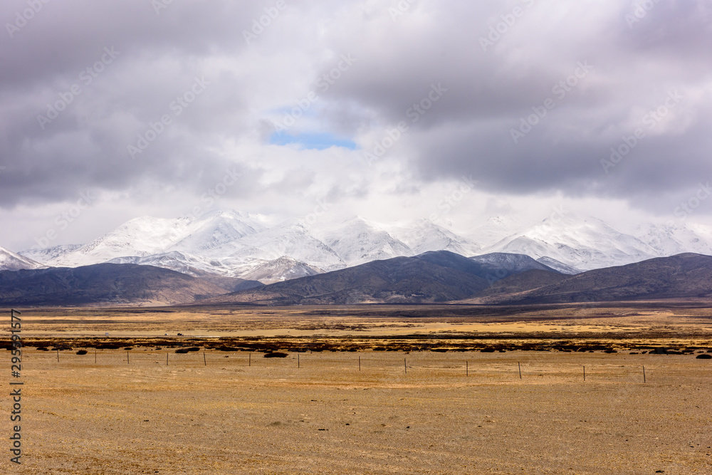 Fototapeta premium View from the Tibetan plateau to the Himalayan mountains. Tibet. China