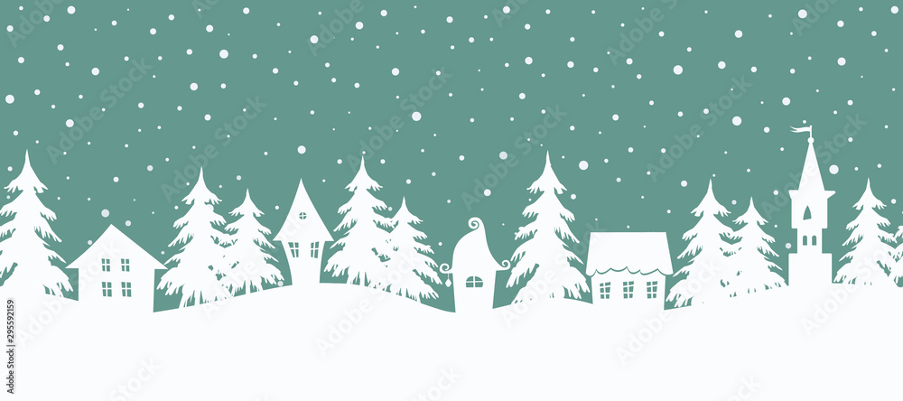 Obraz premium Christmas background. Fairy tale winter landscape. Seamless border. There are white houses and fir trees on a turquoise background. Winter village. Vector illustration